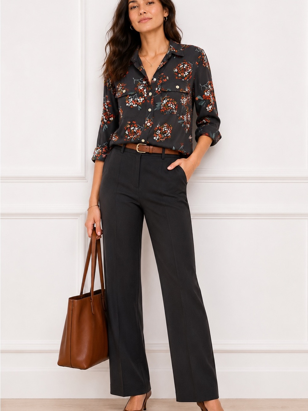 LOFT Grey Floral Button-Up Blouse - Picture 2 of 7